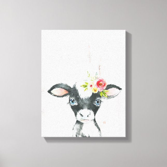 Arte de vaca floral en acuarela en blanco y negro (Anverso)