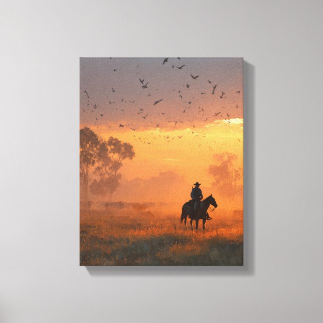 Arte de vaquero montando hacia una puesta de sol a (Anverso)