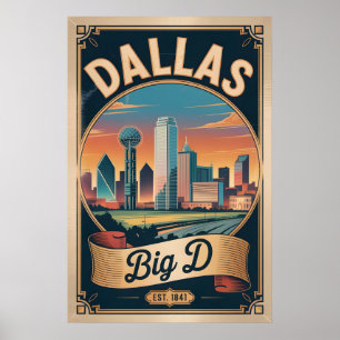 Arte de viaje retro de Dallas Texas Big D Vintage