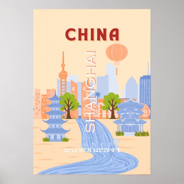 Arte de viaje retro pastel de Shanghai China (Frente)