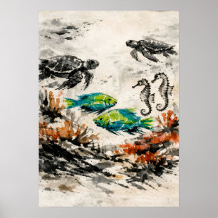 Arte de vida marina acuarela arrecife de tortuga m