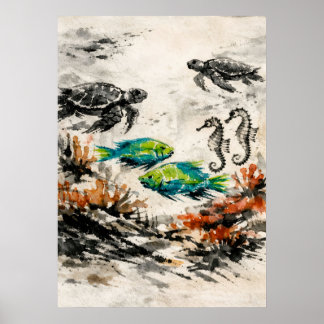 Arte de vida marina acuarela arrecife de tortuga m
