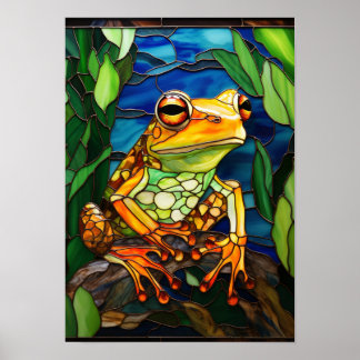 Arte de vidrio emplomado de rana en la selva tropi