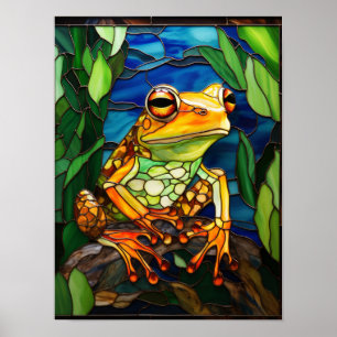 Arte de vidrio emplomado de rana en la selva tropi