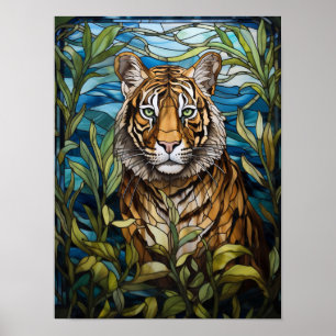 Arte de vidrio emplomado de tigre en la jungla
