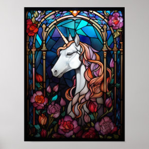Arte de vidrio emplomado de unicornio con rosas má