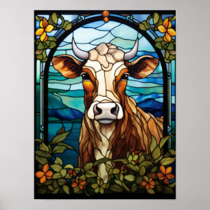 Arte de vidrio emplomado de vaca retrato floral en