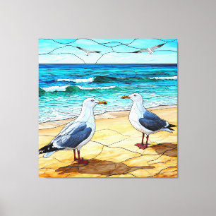 Arte de vidrio teñido de gaviotas en una playa