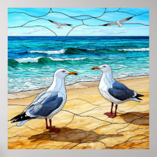 Arte de vidrio teñido de gaviotas en una playa