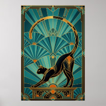 Arte Deco Gato Negro Estirándose Arte de Pared