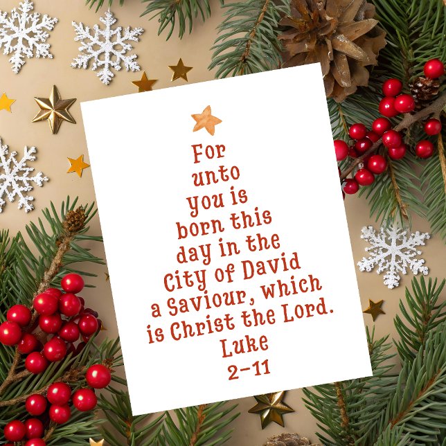 Arte del árbol de Navidad del versículo de la Bibl (Luke 2:11 Bible verse shaped like a Christmas tree with star – Christian Christmas greeting card.)
