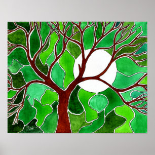 Arte del árbol y de la luna en la lona - verde