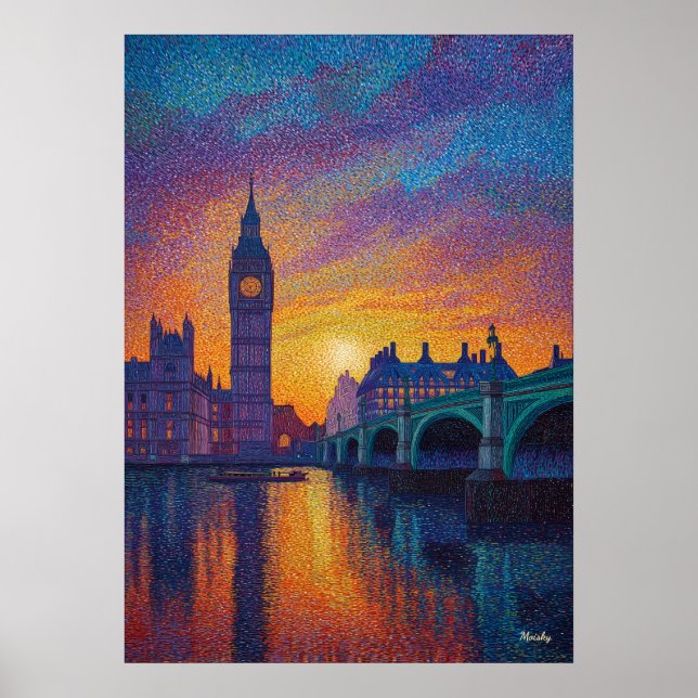 Arte del punto de Londres Big Ben Silueta Atardece (Frente)