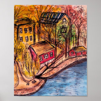 Arte del río Otoño - Ilustracion de otoño acogedor