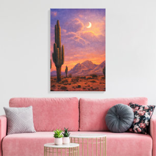 Arte del suroeste de cactus bajo la luna al atarde