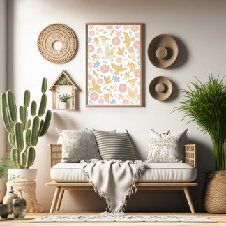 Arte dibujado a mano de pájaros y florales