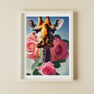 Arte digital de jirafa divertida y rosas