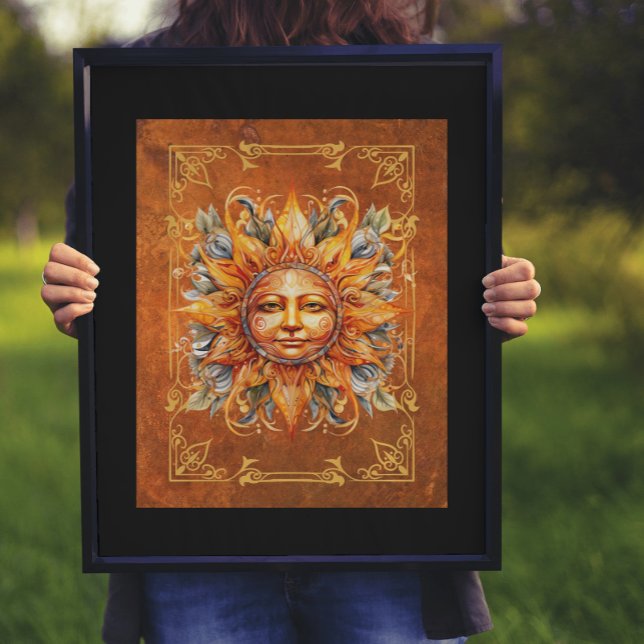 Arte digital mitológico Sun Face Deity (16 x 20 framed with black mat.)