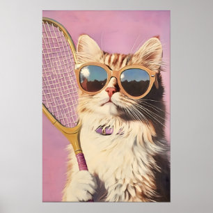 Arte divertido de gato rosa jugando tenis - Impres