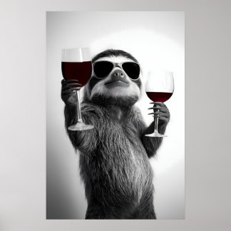 Arte divertido de perezoso bebiendo vino Impresión