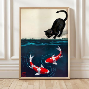 Arte divertido japonés de gato y pez koi rojos