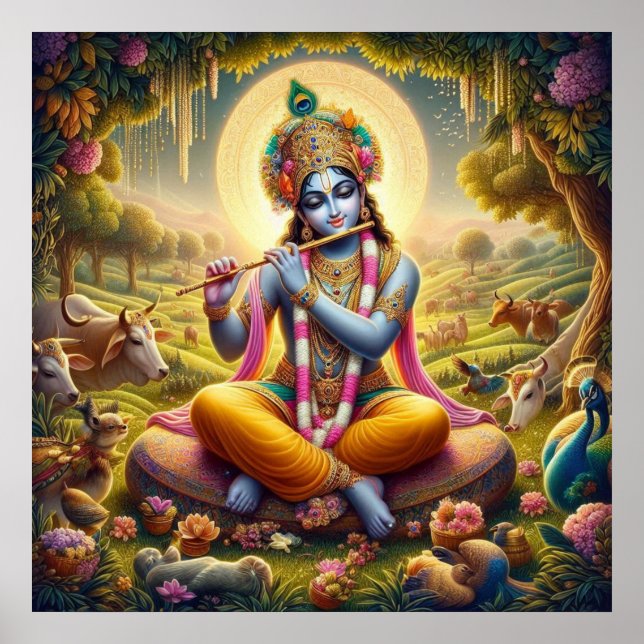 Arte divino de Krishna con flauta dorada (Frente)