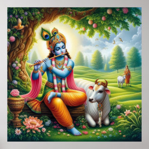Arte divino de Krishna y flauta azul