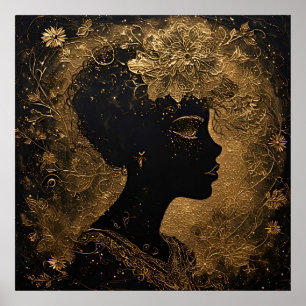 Arte dorado elegante del perfil de una mujer con f