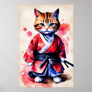 Arte en acuarela de adorable gatito samurái