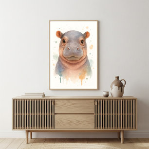 Arte en Acuarela de Bebé Hipopótamo Adorable
