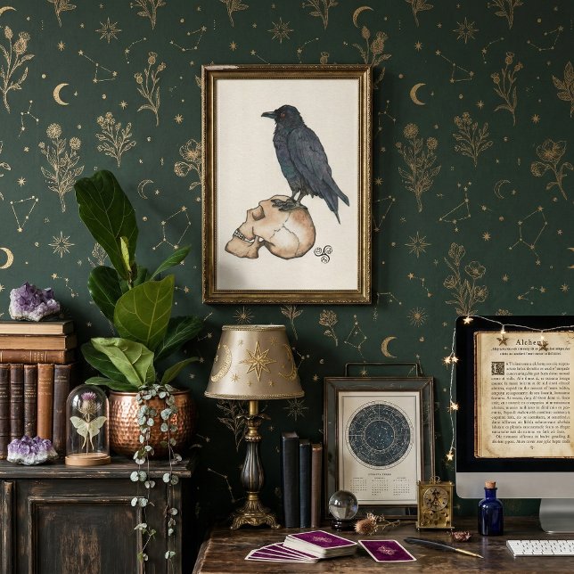 Arte en acuarela de cráneo de cuervo de la Academi (Dark academia whimsigoth room decor. Hand drawn Watercolour raven painting & skull poster)