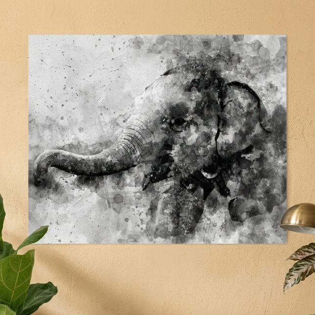 Arte en Acuarela de Elefante Bebé Lindo de Blanco  (Cute Baby Elephant Black and White Watercolor Art. Poster)