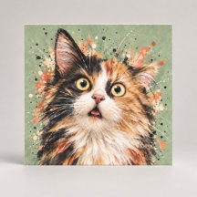 Arte en Acuarela de Gato Calico Sorprendido Divert