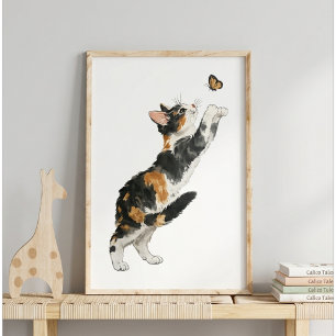 Arte en Acuarela de Gato Calico y Mariposa Caprich