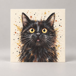 Arte en acuarela de gato negro sorprendido diverti
