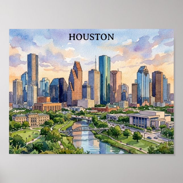 Arte en acuarela retro de Houston Texas (Frente)