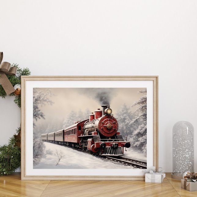 Arte en el muro del tren de alta velocidad navideñ (Red Vintage Christmas Express Train Wall Art next to a Christmas ornament.)