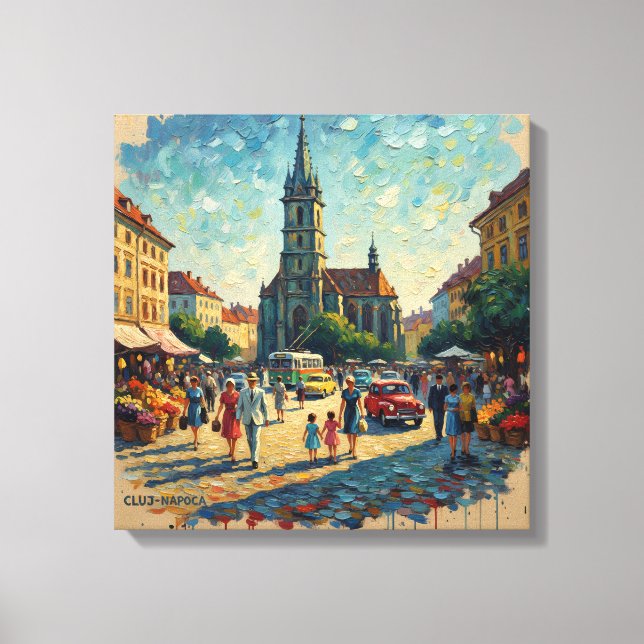 Arte en lienzo de la Plaza del Mercado de Cluj-Nap (Anverso)