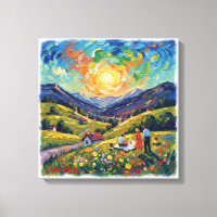 Arte en lienzo de paisaje de prado alpino soleado 