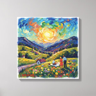 Arte en lienzo de paisaje de prado alpino soleado 