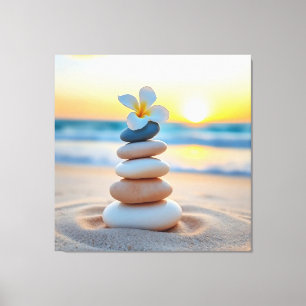 Arte en lienzo de piedras Zen y puesta de sol en l