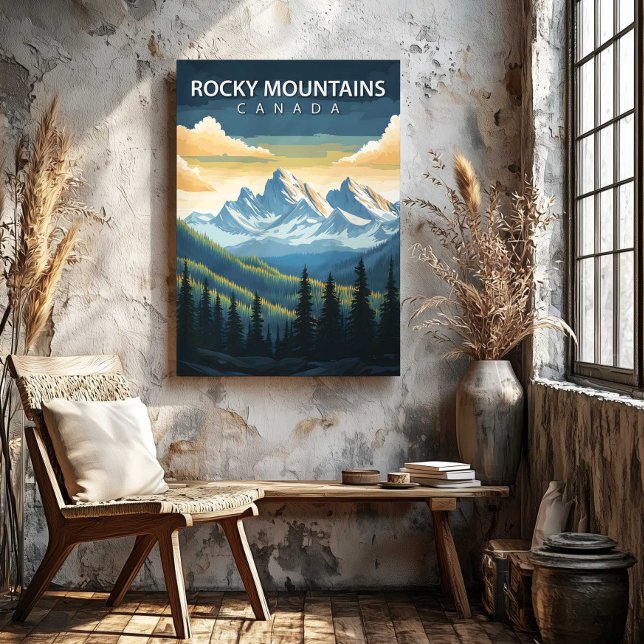 Arte en lienzo de póster de viaje de las Montañas  (Rocky Mountains Canada Travel Poster Canvas Art by TinkPrints.)