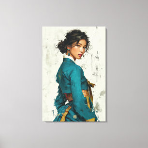 Arte en lienzo de retrato de Hanbok azul verdoso m