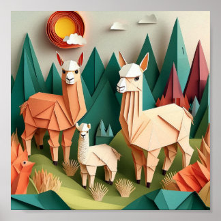 Arte en papel Escena de alpacas de origami 3D