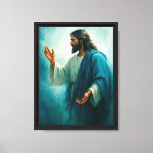 Arte espiritual azul de Jesús tendiendo la mano