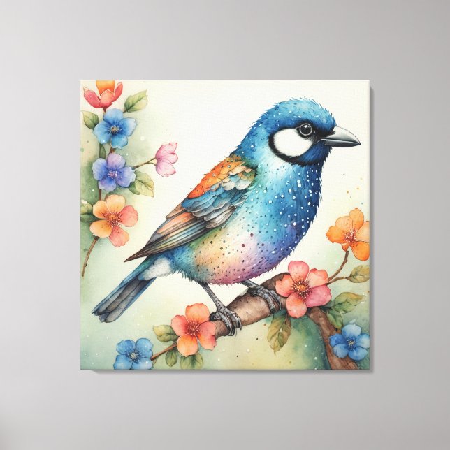 Arte estilizado de pájaro azul y flores (Anverso)