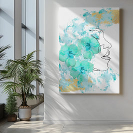 Arte facial de una línea con manchas de flores azu