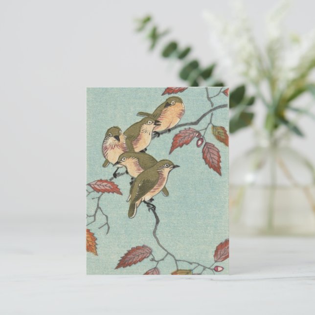 Arte fino japonés vintage: Aves verdes postal (Anverso de pie)