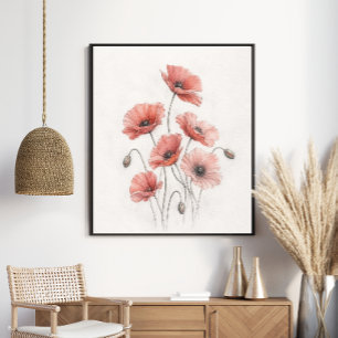 Arte floral botánico de amapolas de coral elegante