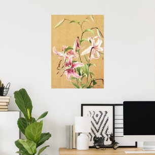 Arte Floral Botánico de Lirio Oriental Rosa Vintag